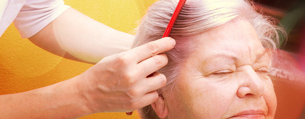 Einer älteren Damen werden die Haare gekämmt.