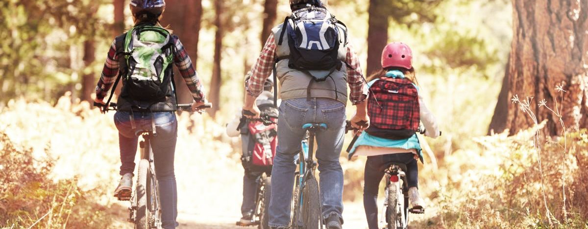 Familie fährt Fahrrad im Wald