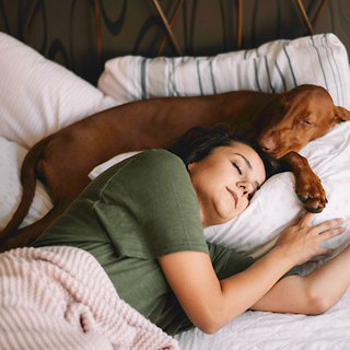 Frau schläft im Bett, ihr Hund liegt neben ihr.