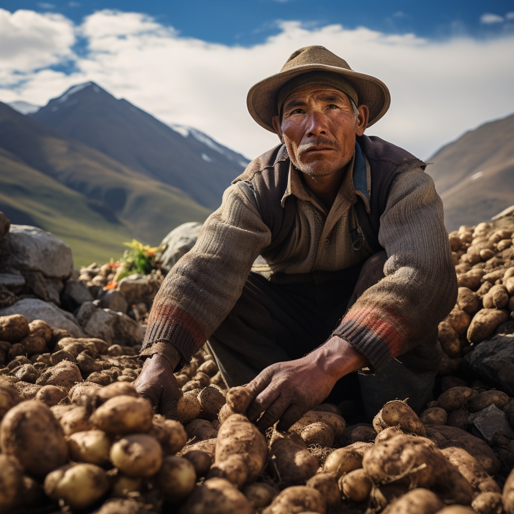Feldarbeiter erntet Kartoffeln